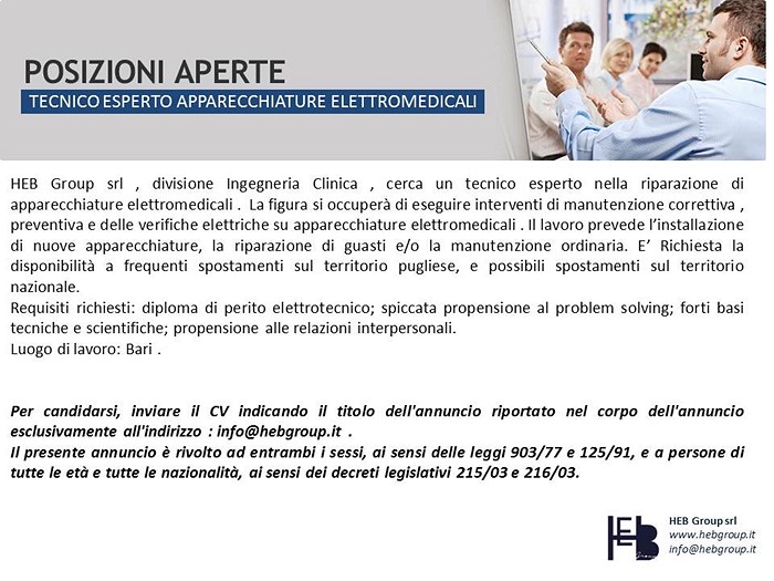 POSIZIONI APERTE : TECNICO APPARECCHIATURE ELETTROMEDICALI